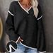 Women's Oversized V-Neck Knit Sweater With Contrast Trim, Casual Loose Fit Pullover Top For Fall & Winter_ecoleips.com