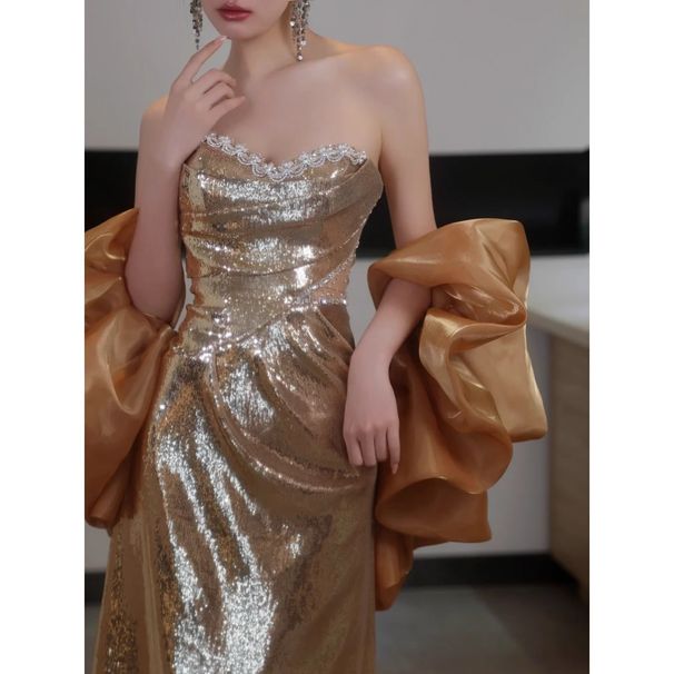 Women's Clothing Gold Sequined Tube Top Engagement Evening Dress High End Banquet Bridal Toast Dress Niche High End Morning Gown Wedding Banquet_ecoleips.com