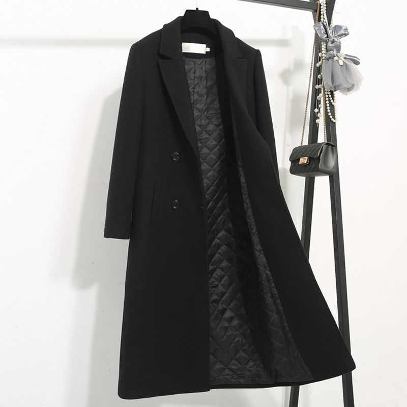 Women's Clothing Mid Length Quilted Black Wool Coat Slim Fit Thickened Women's Black Quilted Wool Coat Mid-Length Winter Warm Loose Fit Trench Coat_ecoleips.com