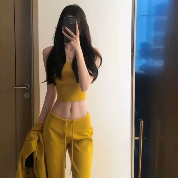Women's Sportswear Spring Summer, Slim-fit, Korean-style, Fashionable, Stylish, Short Jacket, Tube Top, And Flared Pants_ecoleips.com