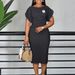 Women's Clothing Elegant Wrap Dress – Short Sleeve Round Neck OL Office Dress With Brooch Detail_ecoleips.com