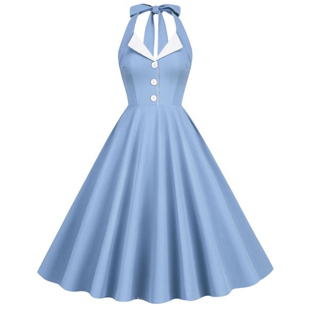Retro Hepburn Style Contrast Color Lapel Backless Halter Neck Dress For Women Romantic Holiday Date Bridesmaid Dress_ecoleips.com
