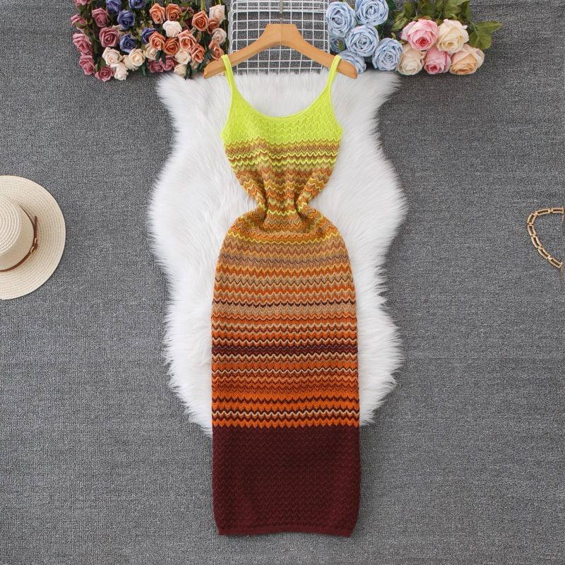 Women's Clothing Retro Gradient Striped Knitted Dress Sleeveless Suspender Slim Waist Slimming Sweater Dress_ecoleips.com