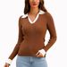 Women's Long Sleeve Polo Knit Top, Slim-Fit Ribbed Blouse With Collar, Elegant Office & Casual Wear (Black/Dark Brown, S/M/L/Xl)_ecoleips.com