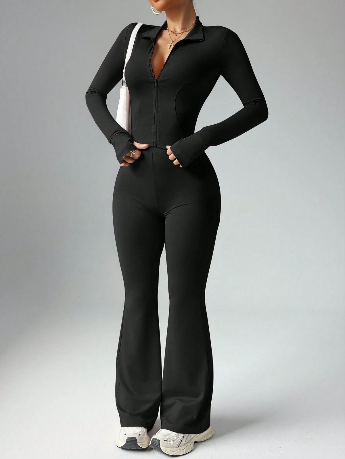 Women's Clothing Women's Solid Color Long Sleeved Zipper Sports Suit Quick Drying High Waist Slightly Flared Fitness Pants Nude Yoga Outfit_ecoleips.com