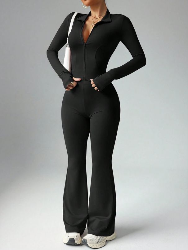 Women's Clothing Women's Solid Color Long Sleeved Zipper Sports Suit Quick Drying High Waist Slightly Flared Fitness Pants Nude Yoga Outfit_ecoleips.com