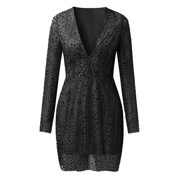 2025 Sexy Deep V Perspective Sequin Wrapped Hip Dress Long Sleeved Evening Dress Women's Spring New Style Vestidos Dresses_ecoleips.com