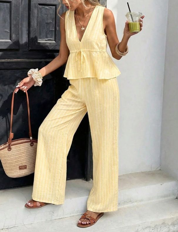 2026 Stylish Stripd V-nck Slvlss Top And High-Waistd Wid-Lg Pants Two-Pic St For Summr Casual Vacation_ecoleips.com