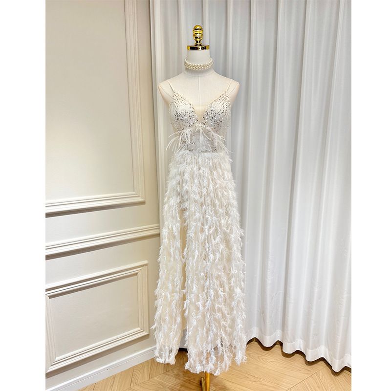 Women's Clothing Small And Elegant V Neck Mesh With Chest Pads Ostrich Feathers Beaded Flowers High Slit Tassel Fur Long Skirt_ecoleips.com