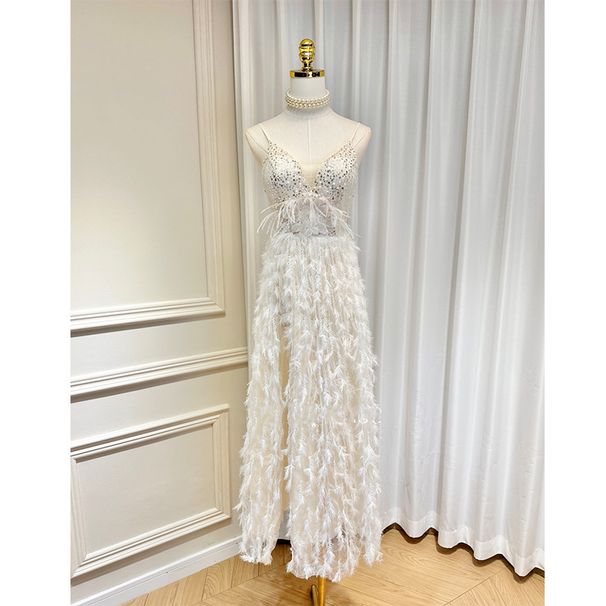 Women's Clothing Small And Elegant V Neck Mesh With Chest Pads Ostrich Feathers Beaded Flowers High Slit Tassel Fur Long Skirt_ecoleips.com