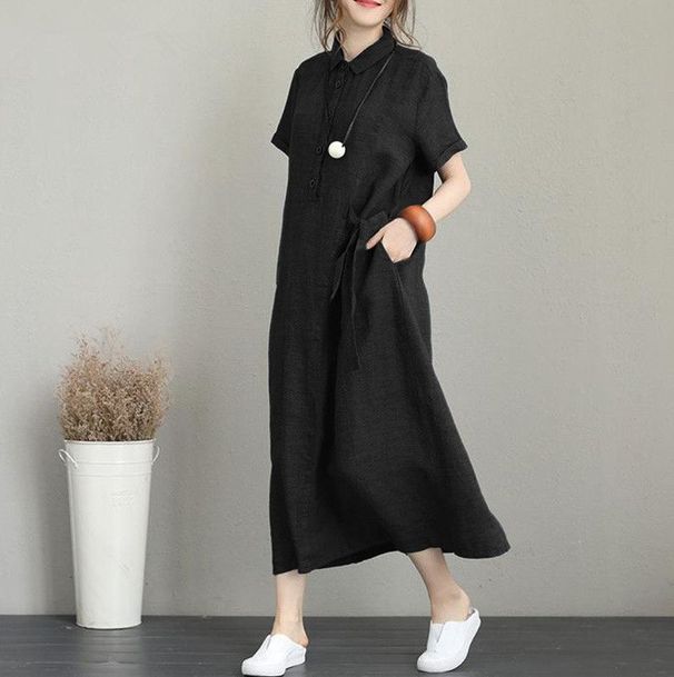 New Japanese Solid Color Cotton And Linen Lapel, Short Sleeve Loose Pocket Women's Casual Dress Women's_ecoleips.com