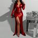 Women's Clothing High-Slit V-Neck Evening Dress – Metallic Knit Bodycon Gown With Long Sleeves (Red/Purple/Gold/Blue, S-XXL, Curve-Hugging)_ecoleips.com