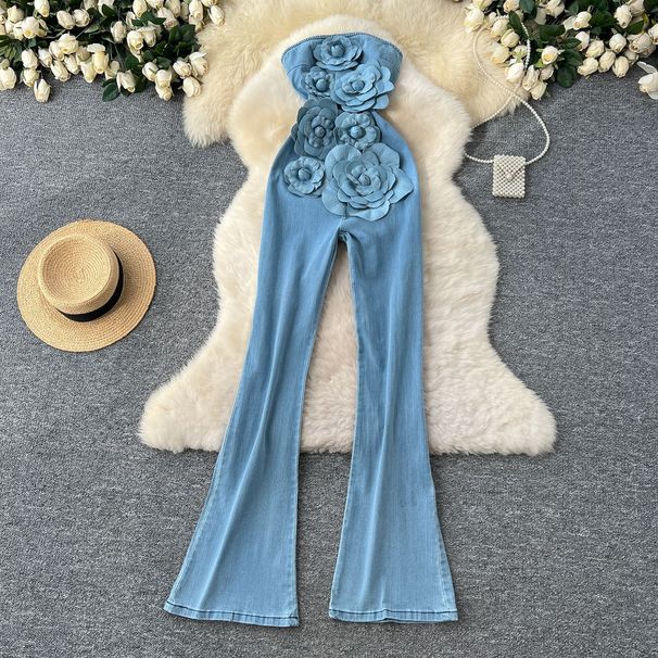Women's Clothing Spring And Summer Ins Heavy Three Dimensional Flower Sleeveless Tube Top Waist Slim Fit Denim Jumpsuit Flared Trousers For Women_ecoleips.com