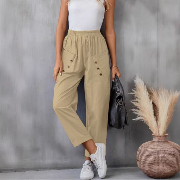 Summer High-Waisted Women's Casual Pants Button Detail Elastic Waist Loose Fit American Style_ecoleips.com