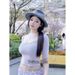 Korean Style Women's Off-Shoulder T-Shirt Purple Short-Sleeved Slim Fit U-Neck Top Pure Sexy Design Casual Streetwear_ecoleips.com