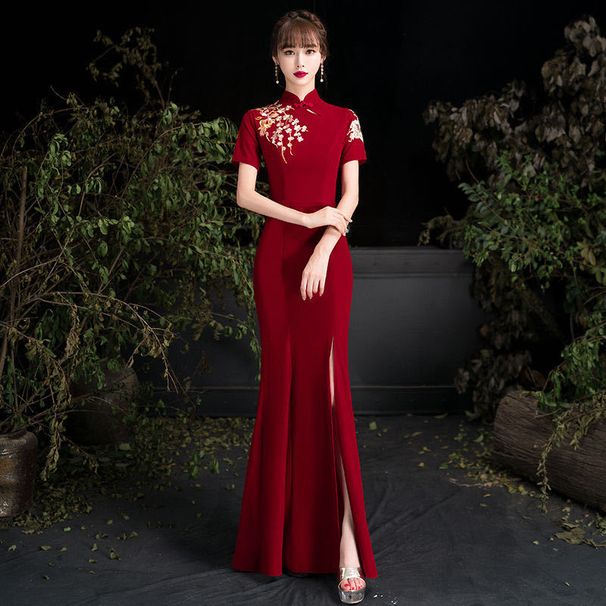 Elegant Modern Cheongsam Dress – Slim Fit Long Tailored Qipao With Flared Hem For Women, Chinese-Inspired Formal Gown For Stage & Evening Events_ecoleips.com