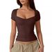 Women's Heart Shaped Neck Short Sleeve T-Shirt Solid Color Slim Fit Basic Style Fashionable Navel Top_ecoleips.com