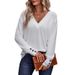 Spring Solid-Color V-Neck Loose Long-Sleeved T-Shirt Buttons For Women's Clothing_ecoleips.com