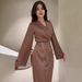 Women's Clothing Women's Long Satin Dress With Chain Detailing Elegant Waist Cinching Solid Color Style Spring Dress_ecoleips.com