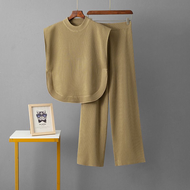 Women's Clothing Knitted Two Piece Set Sleeveless Vest Top & Wide Leg Pants Loose Fit Summer Fashion_ecoleips.com