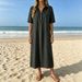 Loose And Casual Lapel Short-Sleeved Solid-Color Cotton And Linen Dress For Summer 2026_ecoleips.com