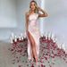 Women's one-shoulder pleated slit sexy satin dress temperament slim solid color dress_ecoleips.com