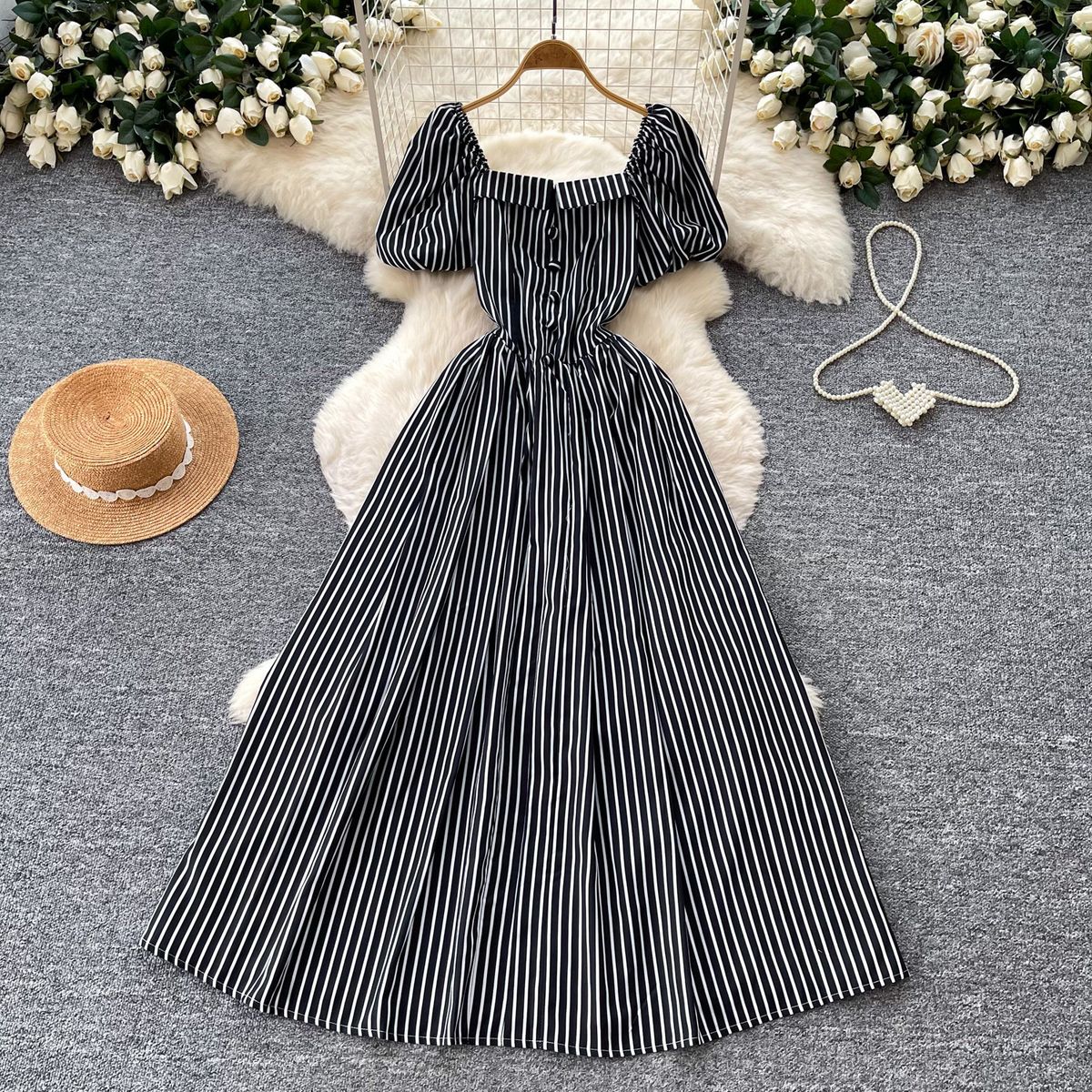 French Style Women's Long Dress Square Neck Puff Sleeve Striped Pattern Korean Summer Waist Cinching A-Line Skirt For Elegant Dates_ecoleips.com