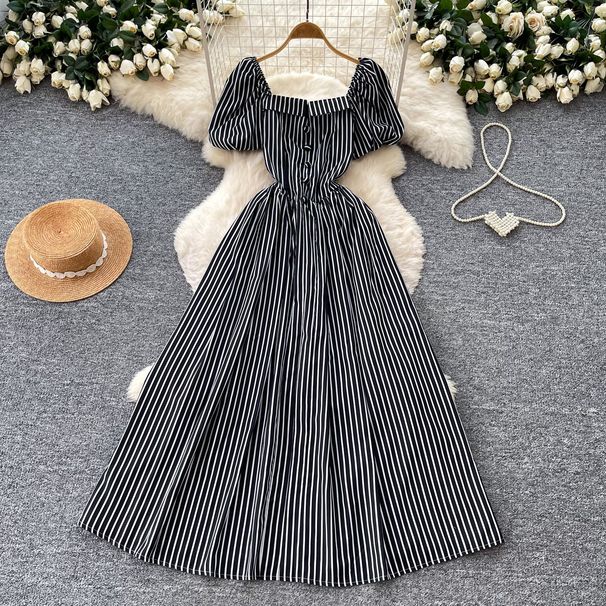 French Style Women's Long Dress Square Neck Puff Sleeve Striped Pattern Korean Summer Waist Cinching A-Line Skirt For Elegant Dates_ecoleips.com