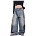 American-style Splatter-paint Ripped Curved Hem Jeans For Women, New High Street Loose Retro Design Versatile Wide-leg_ecoleips.com