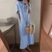Women's Clothing New Cotton And Linen Stripes Fashionable Casual Polo Collar Five Point Sleeves Loose Long Cardigan Dress_ecoleips.com