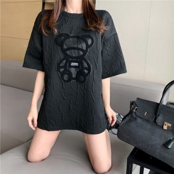 Women's Short Sleeve T-Shirt Korean Style Loose Fit Summer Fashion Embroidered Bear Top For Spring And Summer_ecoleips.com