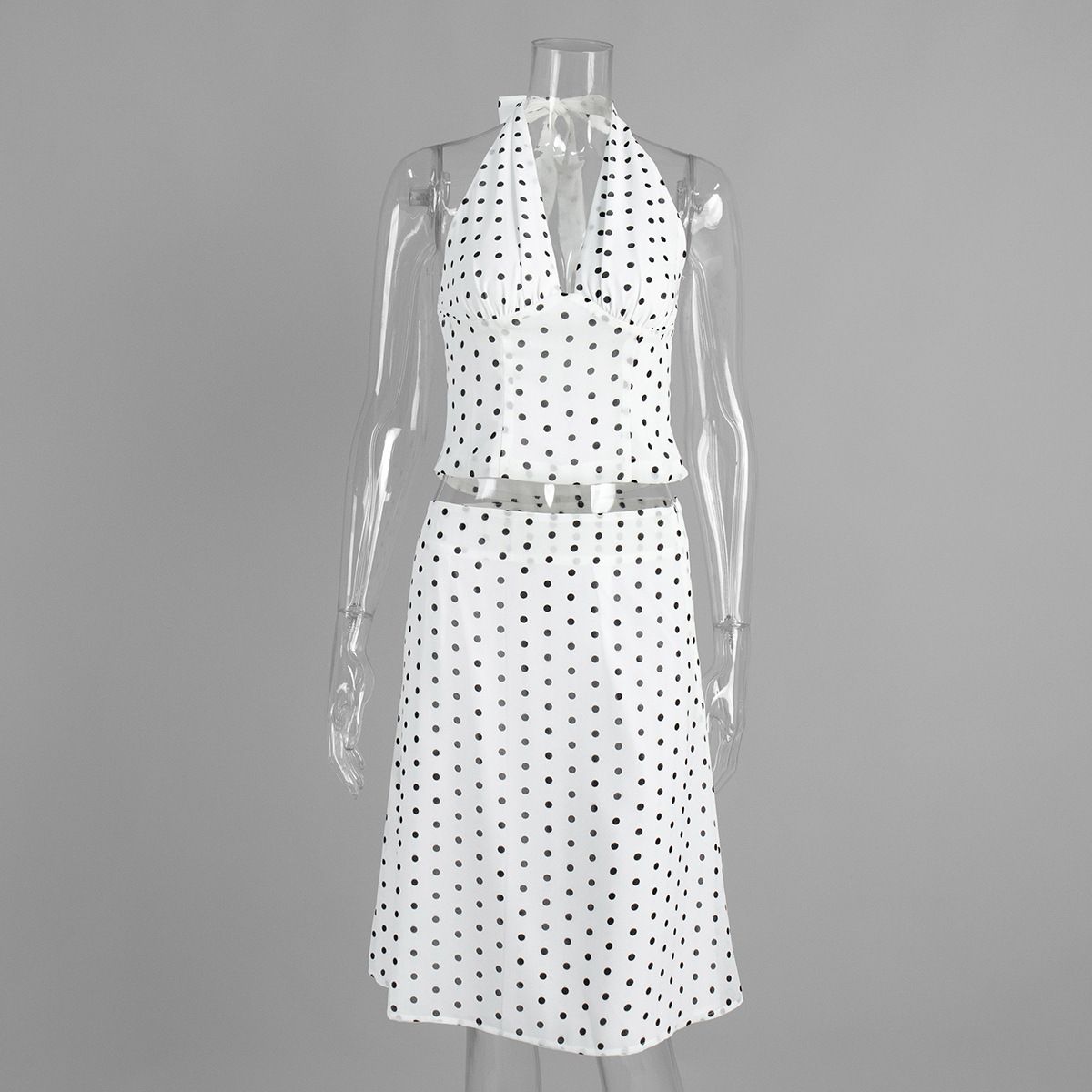 Polka Dot Halter Neck Top & Low-Waist Skirt Set – Sexy Summer Two-Piece Outfit For Women (White) Breathable Fabric_ecoleips.com