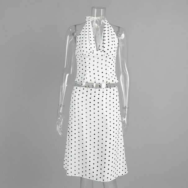 Polka Dot Halter Neck Top & Low-Waist Skirt Set – Sexy Summer Two-Piece Outfit For Women (White) Breathable Fabric_ecoleips.com