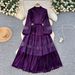 Women's Palace Style Dress French Retro Fashion Stand Collar Pearl Single-Breasted Lace Splicing Velvet Long Skirt_ecoleips.com