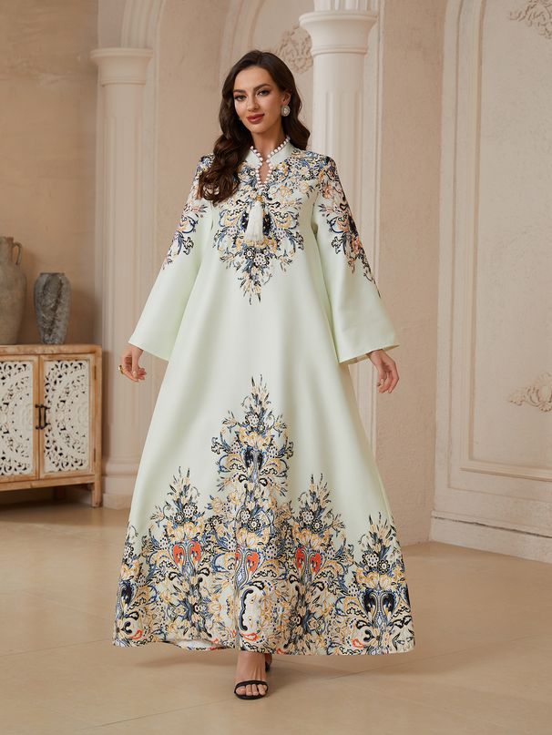 Elegant plus Size A-Line Dress SW2610 Floral Print with Tassel Design And Rhinestones New Arrival Women's Muslim Fashion_ecoleips.com