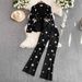 A Light Hearted Female Professional Commuter Wear Two Piece Suit With Diamond Flowers And Waist Hugging Versatile Suit Jacket + High Waisted Trousers_ecoleips.com
