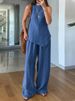Women's Clothing Casual Round Neck Pullover Sleeveless Plus Pocket Trousers Cotton Multi Color Suit_ecoleips.com