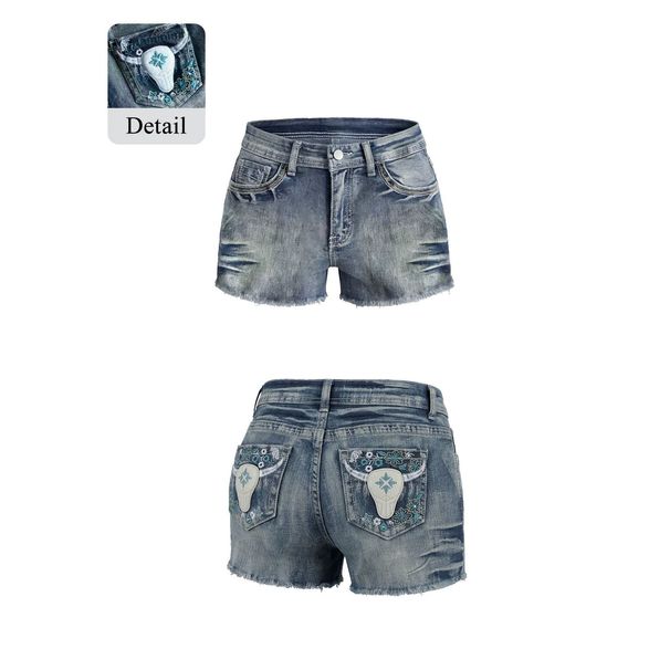 Women's Western Style Skull Embroidered Denim Shorts Slimming Hot Pants Washed Edges Cross Border in Stock_ecoleips.com