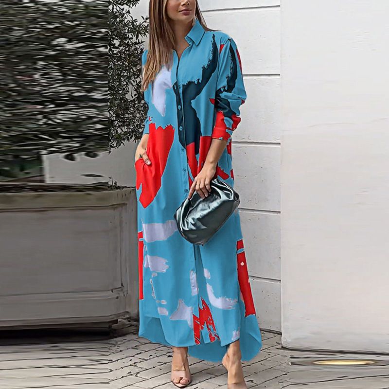 Women's Clothing Autumn New Fashion Printed Shirt Collar Loose Waist Dress Women_ecoleips.com