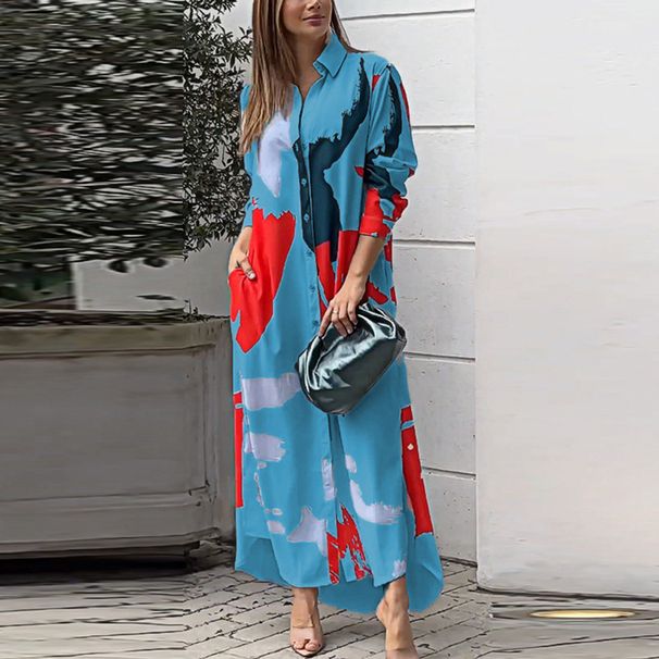 Women's Clothing Autumn New Fashion Printed Shirt Collar Loose Waist Dress Women_ecoleips.com