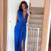 Verve Trendy Deep V-neck Pleated Split Long For Women Summer New Elegant Slimming Dress_ecoleips.com