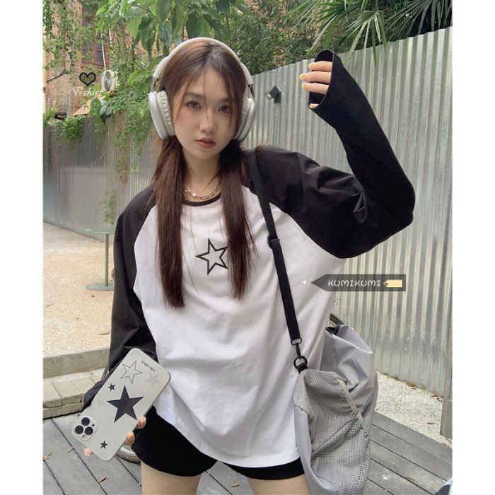 Contrasting Color Ragged Long-sleeved Loose T-shirt Women's Autumn High-end Embroidered Casual Top Round Neck Inner Bottoming Shirt_ecoleips.com