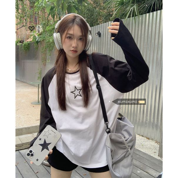 Contrasting Color Ragged Long-sleeved Loose T-shirt Women's Autumn High-end Embroidered Casual Top Round Neck Inner Bottoming Shirt_ecoleips.com