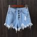 Women's Clothing Smoky Gray Ripped Button Denim Shorts Women Summer mm Large Size Slimming Wide Leg Pants Beggar AA Hot Pants Raw Edge_ecoleips.com
