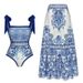 Blue Ethnic Style Swimsuit One Piece Set Women Bow Tie Print_ecoleips.com