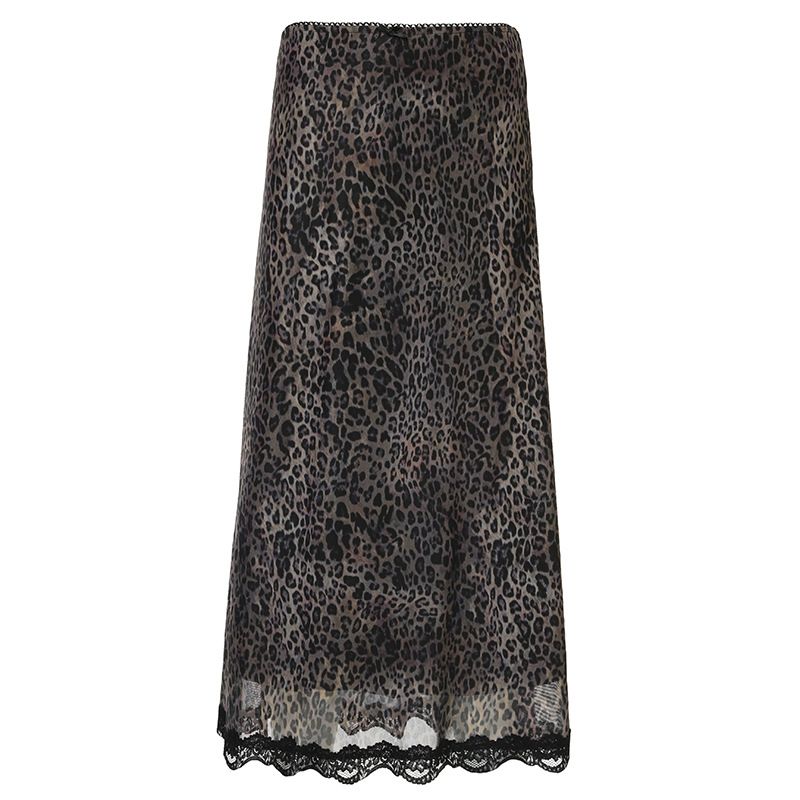 Verve Street Style Leopard Print Patchwork Lace Trim Low Waist Drawstring Color Block A-Line Midi Skirt_ecoleips.com