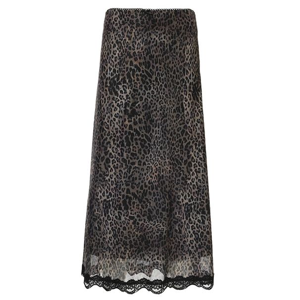Verve Street Style Leopard Print Patchwork Lace Trim Low Waist Drawstring Color Block A-Line Midi Skirt_ecoleips.com