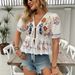Women's Clothing Summer Fashion Women's Printed V Neck Tie Up Short Cardigan Shirt Ruffle Top For Formal & Casual For Women_ecoleips.com