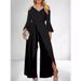 Women's Clothing Women's Slit Sequin Solid V Neck Basic Business Elegant Wide Leg Loose Sleeve Bell Sleeve Jumpsuit_ecoleips.com