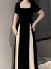 Elegant Mesh Splice Summer Dress Women's A-Line Skirt Slimming Black Dress Commute Korean Style Short Sleeve Long Dress_ecoleips.com